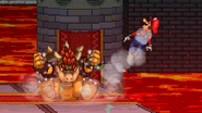 Bowser landing on Mario with Bowser Bomb on Bowser's Castle.