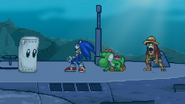 Sandbag next to Sonic, Yoshi, and Luffy, who are all stunned.
