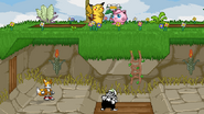 Pikachu and Jigglypuff on the outside while Tails and Wario are in the cave.
