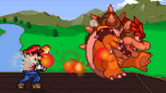 Mario uses Fire Flower to Bowser