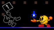 Mr. Game & Watch using his up tilt while PAC-MAN taunts on PAC-MAZE.