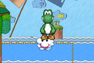 Yoshi taunting on Lakitu's cloud.