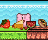 Kirby with some pieces of food in their early designs. Some also went unused.