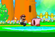 Kirby using Inhale to suck in Mario on Dream Land.
