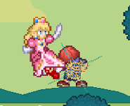 Peach4.png (6 KB) Peach attacking Ness with her down aerial on Planet Namek.