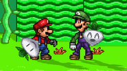 Mario and Luigi holding turnips.