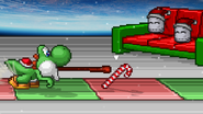 Yoshi next to a candy cane on the Christmas theme.