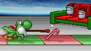 Yoshi next to candy cane on the Christmas theme.