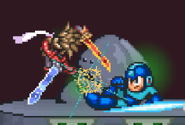 Mega Man using his dash attack against Lloyd on Castle Wily.