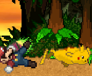 Pikachu taunting while Mario uses his down smash on Jungle Hijinx.