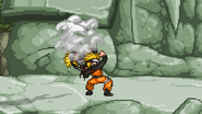 Naruto about to toss a Shadow Clone appearing in a cloud of smoke on Final Valley.