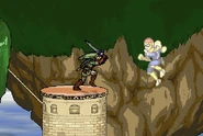 Link about to attack Captain Falcon while he is in a helpless state.