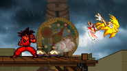 Super Sonic receiving knockback from Kaiō-ken Goku on Clock Town.
