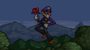 Waluigi holding a rose from the vine after being pulled back.