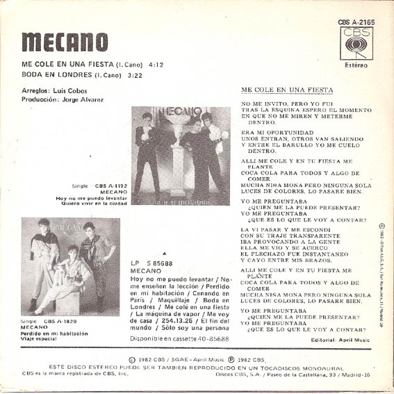 MECANO / ME COLÉ EN UNA FIESTA / SINGLE - CBS - 1982 / MBC. ***/***