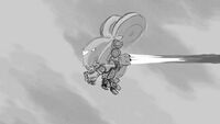 Storyboard illustration of a flying Mech.