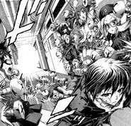 Kumagawa defeating the Candidate Student Council with his screws, but without All Fiction.