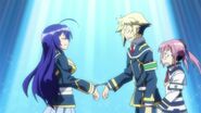 Onigase, Zenkichi, and Medaka handcuffed together.