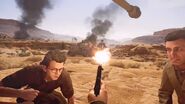 The Player fires an M1911 at a German soldier in North Africa.