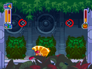 Mega Man using Flame Sword against Search Man in Wily Tower. Mega Man using Flame Sword to burn down a bush that Search Man is hiding behind.