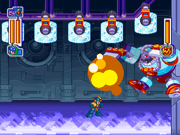 Mega Man using Flash Bomb against Frost Man in Wily Tower. If Frost Man is hit with Flash Bomb while performing Ice Wave, he will be thrown back.