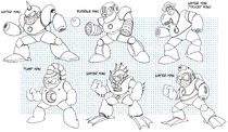 Some boss submissions redesigned by Keiji Inafune to be selected for the water themed stage. Water Man (later renamed Bubble Man) was selected for the game. See Mega Man 2/Gallery for more redesigned submissions.