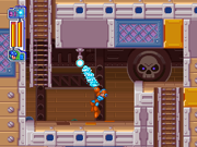 Mega Man using Thunder Claw to grapple and swing onto a hook.