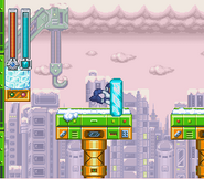 Mega Man sliding the Ice Wall across the platform.