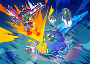 A-Trans Buckfire fights Chronoforce the Xiphosuroid.