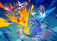 Promo art of Buckfire the Gaxelleroid fighting Chronoforce the Xiphosuroid in Arctic Ice Floe.