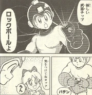 R8RockBallBukiChip.png (622 KB) Mega Man with a weapon chip in the Rockman 8 manga.