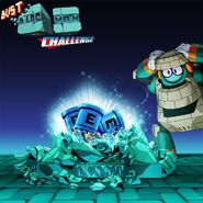 The Bust Block Man Challenge as it ended on September 27, 2018. The statue has been totally destroyed, revealing 3 E-Tanks and 300 Screws inside, while Block Man stares at the wreckage in shock and dismay. Everyone who entered the challenge will get the single-use items in the full game.