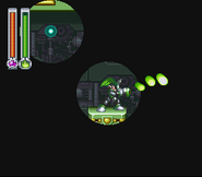 Bass using Wave Burner to light up a portion of the screen in one of the dark areas in Dynamo Man's stage.