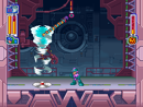Mega Man using Tornado Hold against Clown Man in Wily Tower. Clown Man is swept away by Tornado Hold's ability to produce a tower of wind from below.