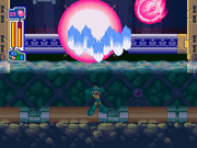 Mega Man using Astro Crush to destroy a floor in Aqua Man's stage.