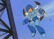 Mmep08b.jpg (18 KB) Mega Man using Gyro Man's and Spark Man's weapons at the same time in the Mega Man cartoon.