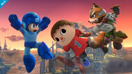 Mega Man, Villager and Fox in midair