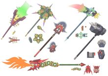 Concept art of Massimo's weapons: Shock Lance, Protect Lance, Interceptor, Jet Guillotine, Crash Hammer, and Beast Lancer