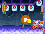 Frost Man covering his face with his arms as a result of being stunned by the Flash Bomb.