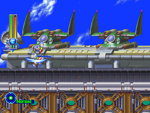 Mega Man X using Wing Spiral in its charged state. X launching a gradually growing Wing Spiral forward.