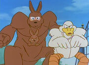 Guts Man, Cut Man and Hard Man disguised as mascots.