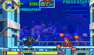 Mega Man using Plant Barrier in Mega Man: The Power Battle.