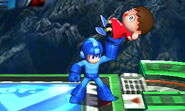 Mega Man using the Super Arm to grab the Villager in Super Smash Bros. for Nintendo 3DS.