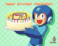 Rockman holding 20th birthday cake.