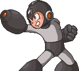 Sprite of Mega Man equipped with the Junk Shield on the Weapon Get screen.