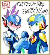 Art board illustration of Star Force Mega Man and MegaMan.EXE for Rockman 20th Anniversary.