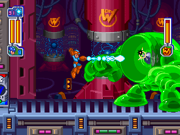 Mega Man using Thunder Claw against Green Devil's exposed eye in Wily Tower.
