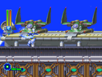 Mega Man X using Wing Spiral. X preparing to launch a Wing Spiral from an uppercut.