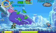 Mega Man throwing the Leaf Shield diagonally in Mega Man: The Power Battle.