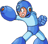 Sprite of Mega Man equipped with the Freeze Cracker on the Weapon Get screen.